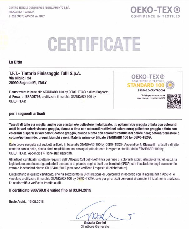 Certificazioni Oeko - Tex TFT 2018