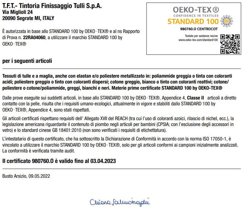 Certificato OEKO-TEX TFT 2022